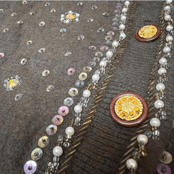 Vintage Vango Cardigan S Brown‎ Angora Beaded Embellished Mock Neck 70s Coquette - Picture 9 of 13